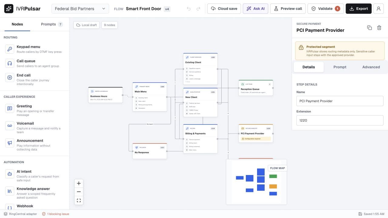 Press1 visual editor with multilevel IVR nodes, routes, and prompt tools