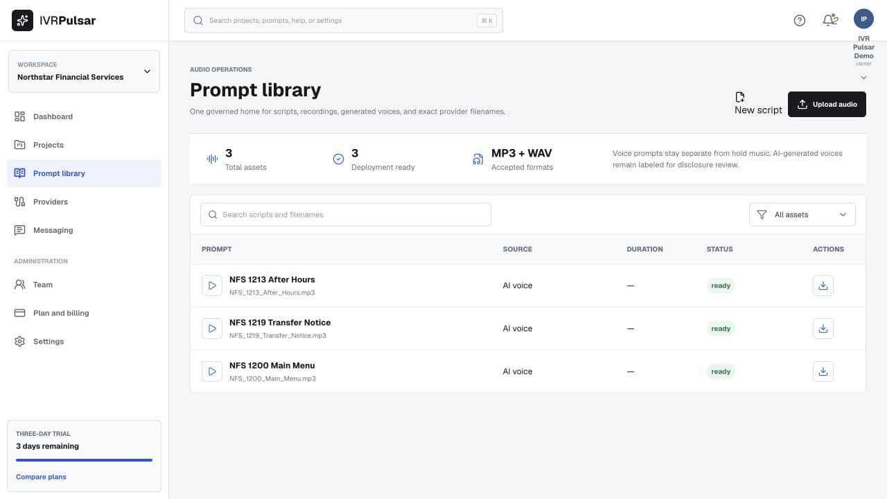 Press1 prompt library with audio assets and deployment status